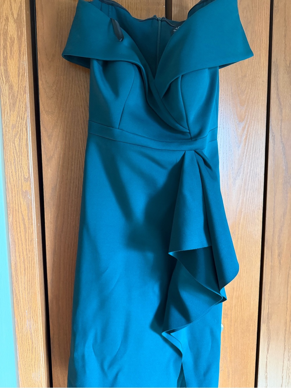 Xscape Green One-Shoulder Ruffle Sheath Dress